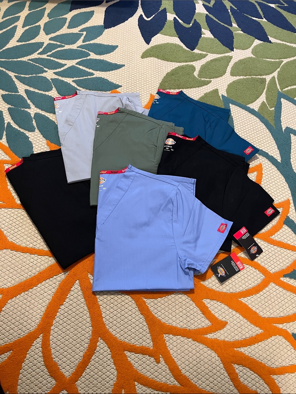6 Dickies Women’s Scrub Tops Bundle - Black (2) , Blue (2) , Olive, Light Gray